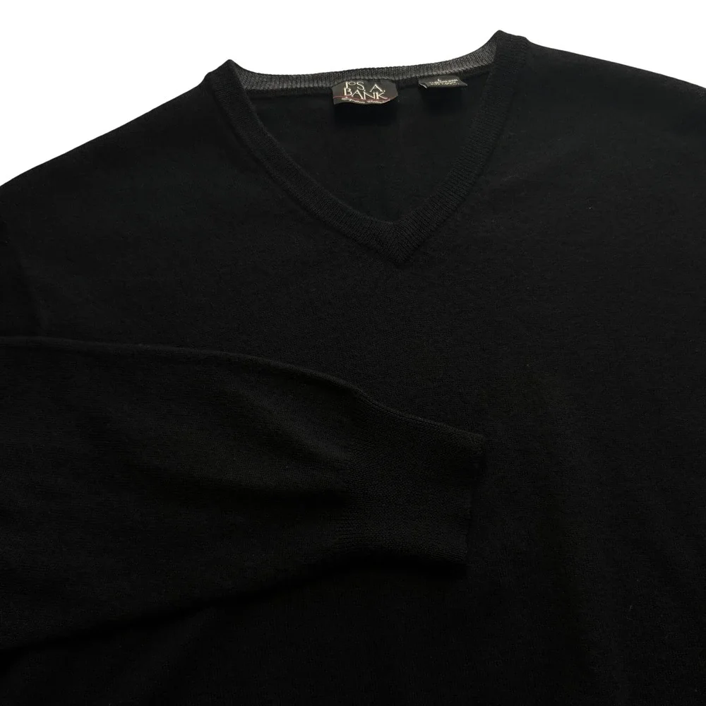 Jos A Bank Mens‎ Size Large Black Merino Wool V Neck Sweater Classic Office